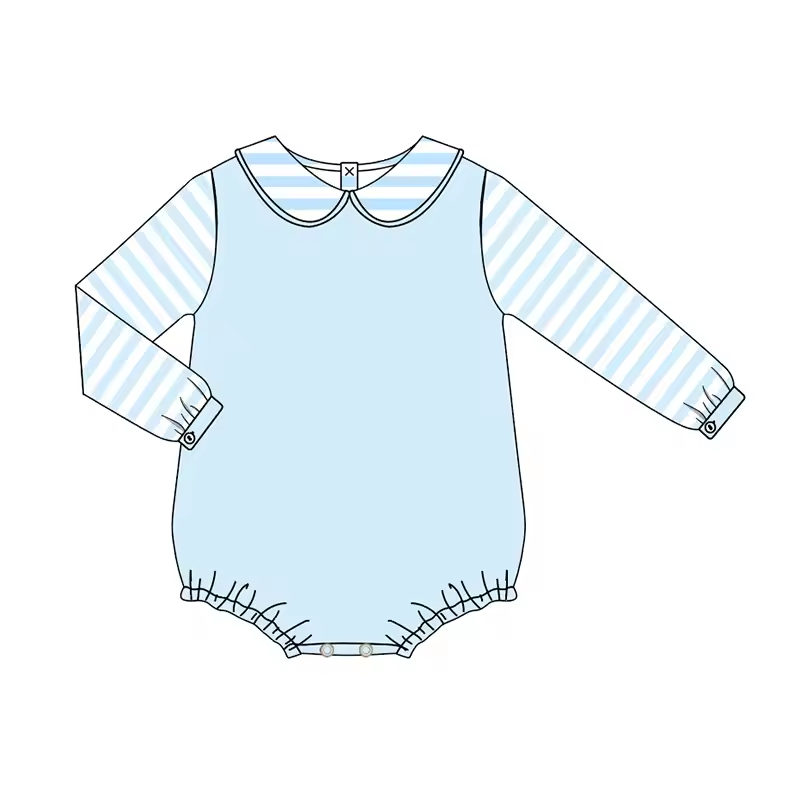 Custom moq 3 eta 6-8weeks Sky blue long-sleeved babydoll collar short romper