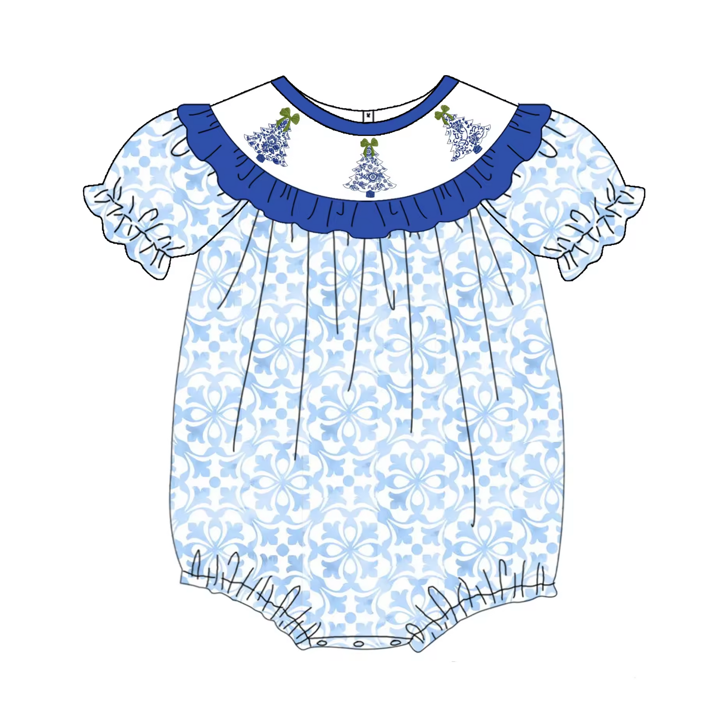 Custom moq 3 eta 6-8weeks Blue and white porcelain pattern petal edge neckline decoration puff sleeve short romper