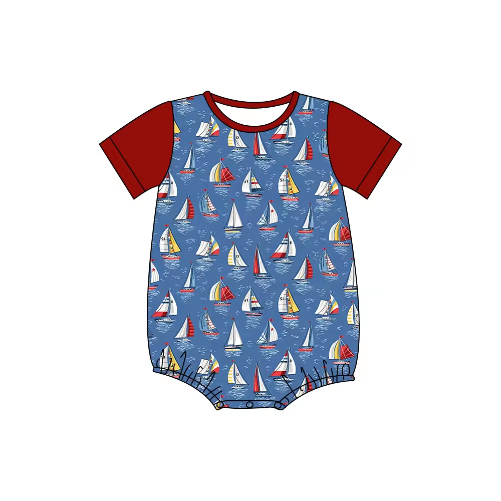 Custom moq 3 eta 6-8weeks Sailing Sailboat Blue and Red Short Sleeve Romper