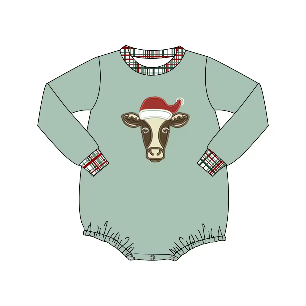 Custom moq 3 eta 6-8 weeks Gray Green Bull Head Pattern Plaid Neck Long Sleeve Romper