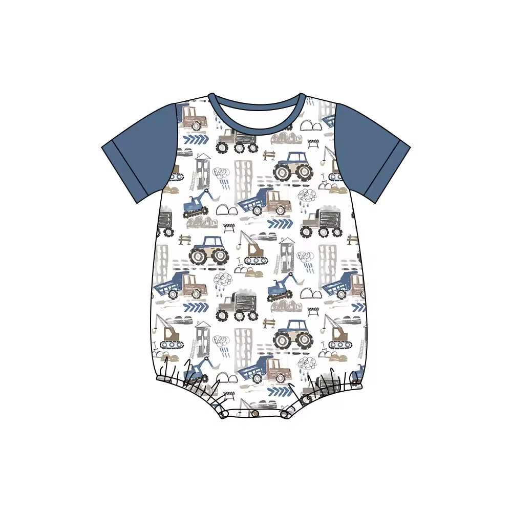 Custom moq 3 eta 6-8weeks Truck excavator construction building white blue short-sleeved romper