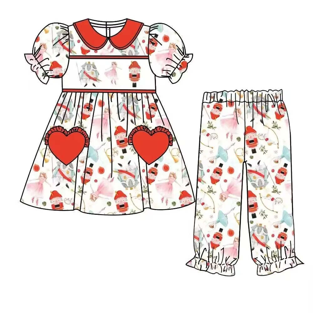Custom moq 3 eta 6-8weeks Christmas Animation Character Collar with Pockets - Puff Sleeve Short Sleeve Long Pants Set