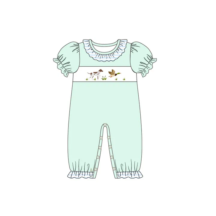Custom moq 3 eta 6-8 weeks Embroidered Leopard Hound-Duck-Light Green Puff Short Sleeve Climbing Suit