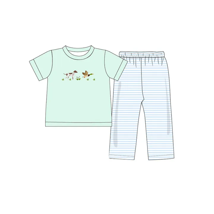Custom moq 3 eta 6-8weeks Embroidered Leopard Hound-Duck Pattern Light Green Short-Sleeved Top-Sky Blue Striped Pants Set