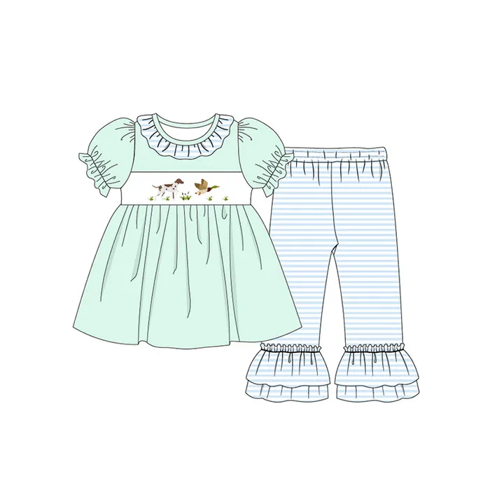 Custom moq 3 eta 6-8weeks Embroidered Leopard Hound-Duck Pattern Light Green Puff Short Sleeve Top-Sky Blue Striped Pants Set