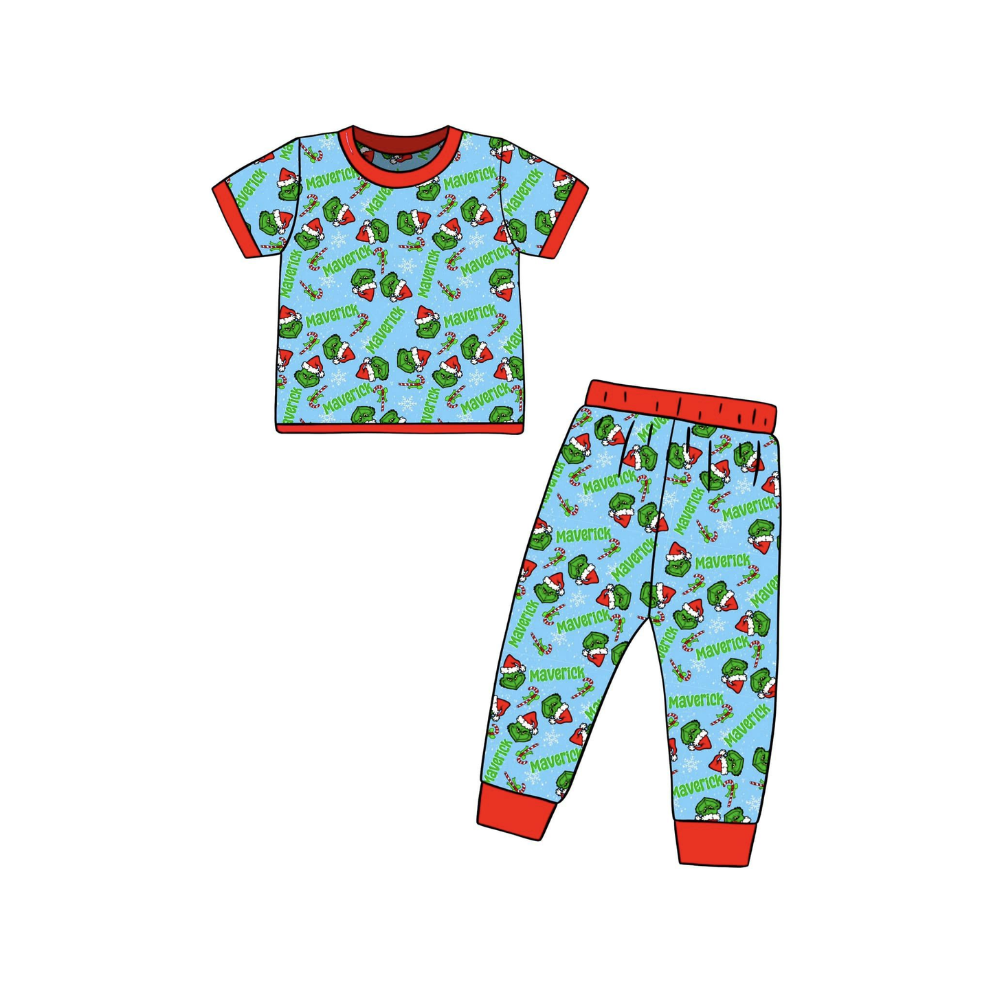 Custom moq 3 eta 6-8weeks Green Sharp Mouth Monster & Letter Fluorescent Blue Short Sleeve Long Pants Set