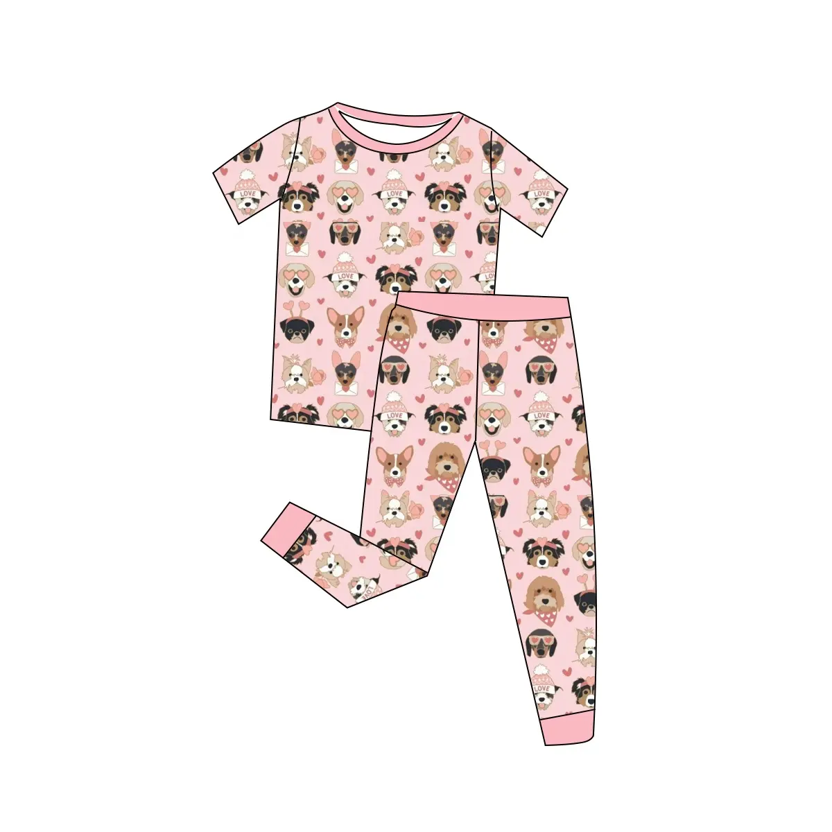 Custom moq 3 eta 7/8week moq 5 eta /4/5week Pink Heart Puppy Short Sleeve Pants Suit