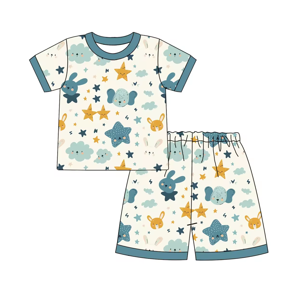 Custom moq 3 eta 6-8weeks Haze Blue Star Cloud Short Sleeve Shorts Set