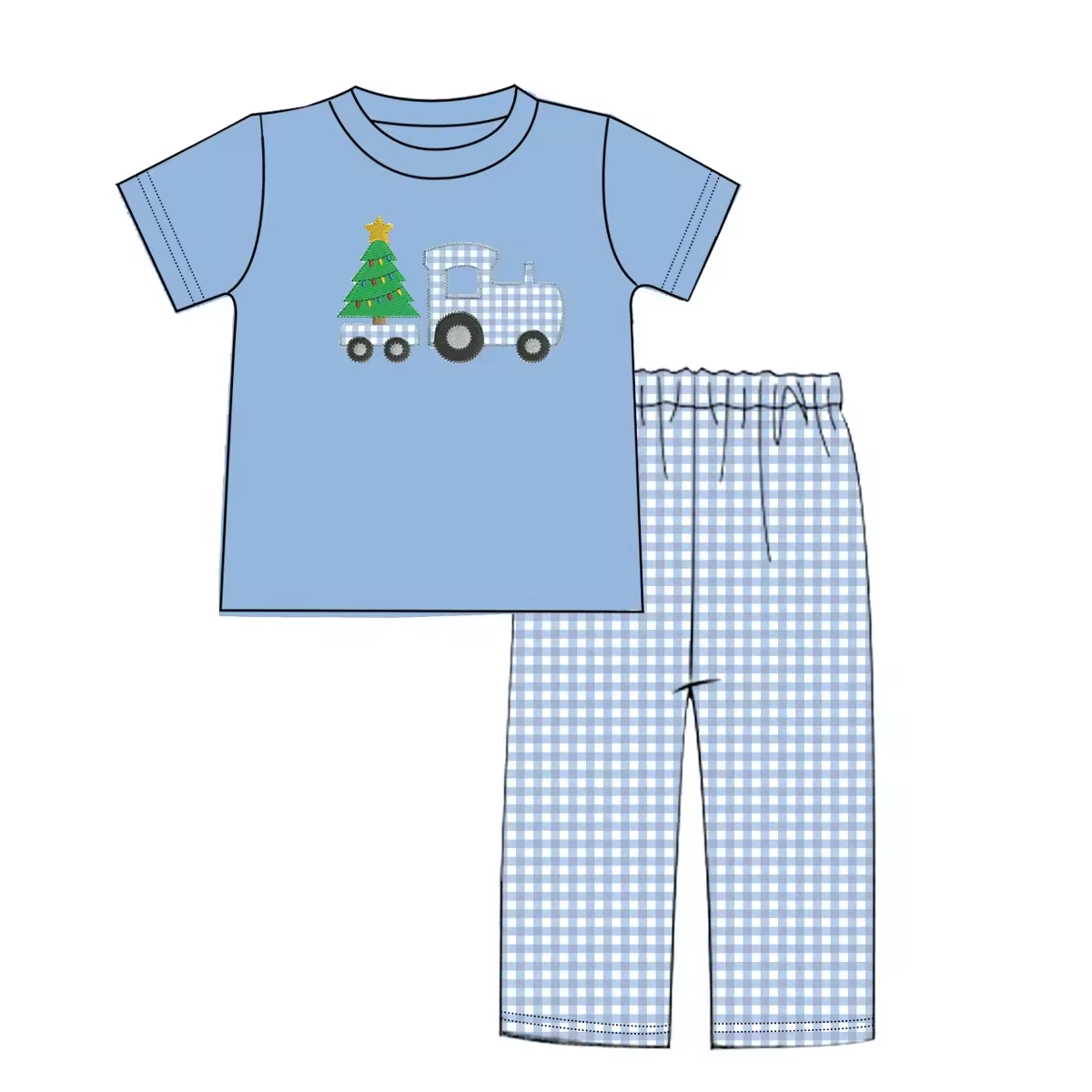 Custom moq 3 eta 6-8weeks Blue Truck-Christmas Tree Short Sleeve-Plaid Straight Pants Set