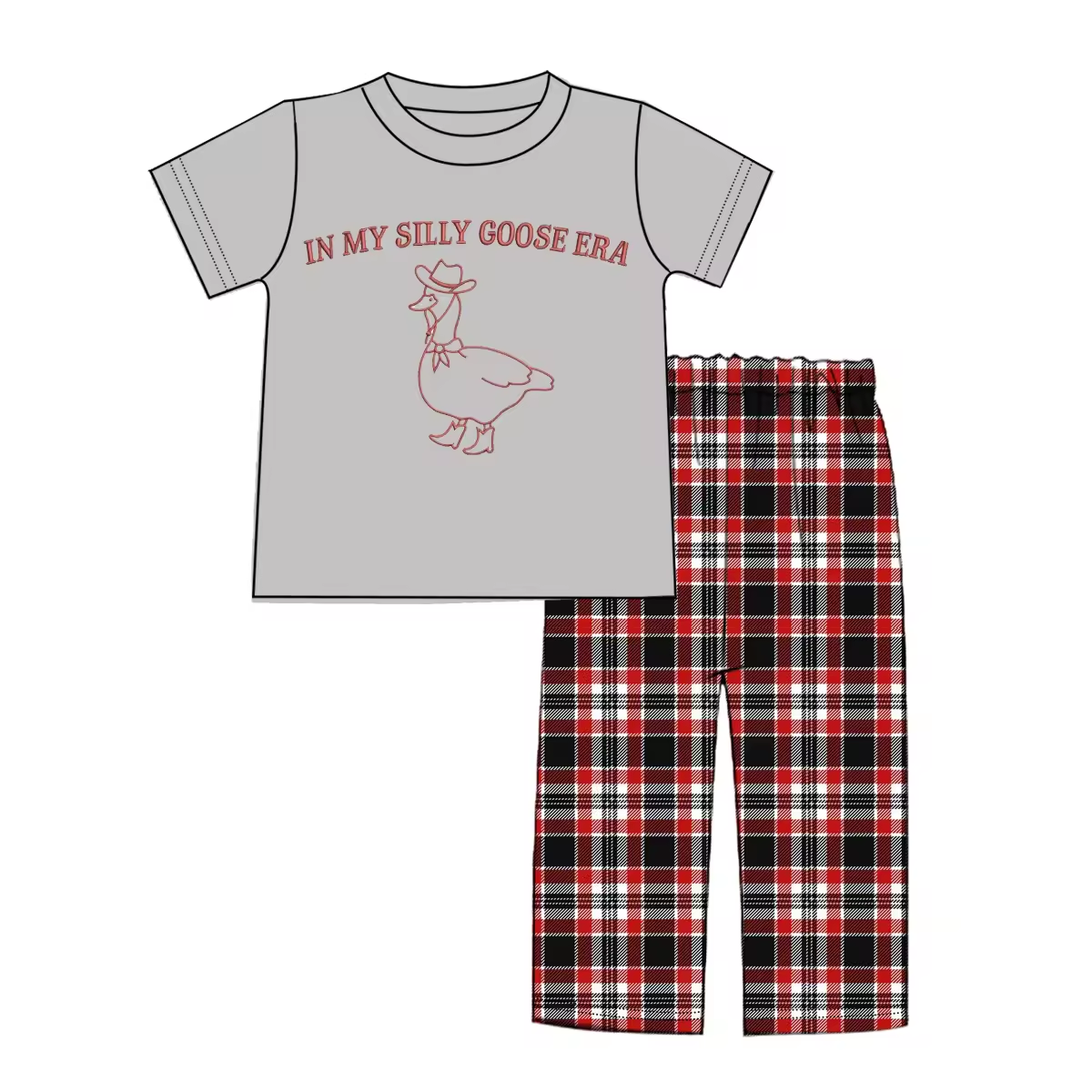 Custom moq 3 eta 6-8weeks Red hand-painted duck pattern gray short-sleeved shirt and red and black plaid trousers suit