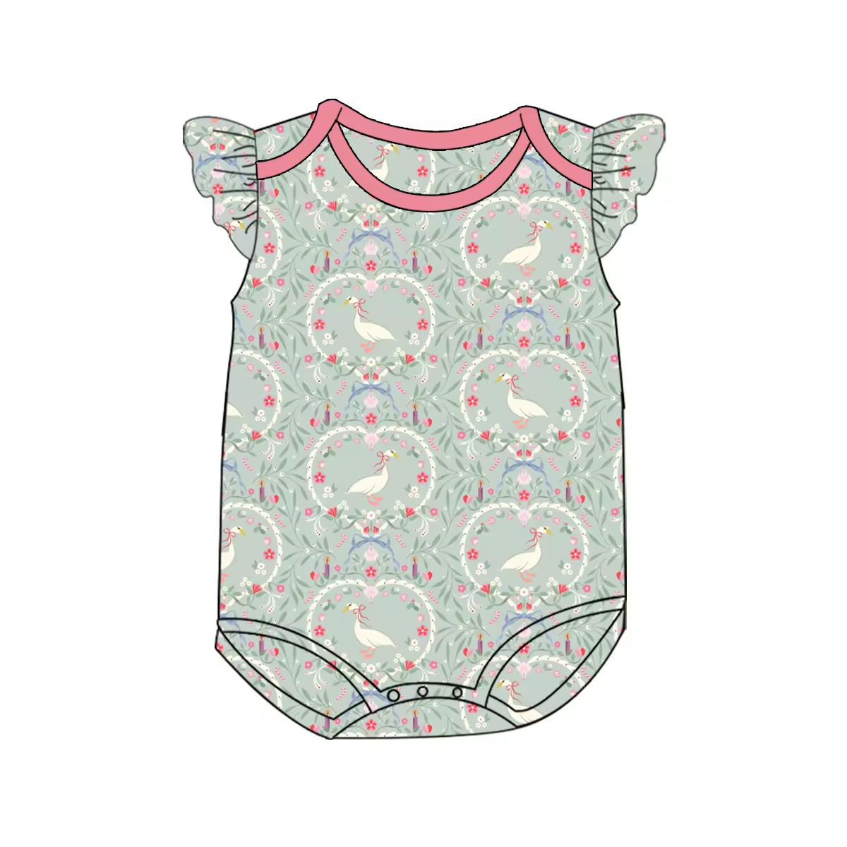 Custom moq 3 eta 6-8 weeks Gray green heart-leaves-small flowers pink flying sleeves short crawler