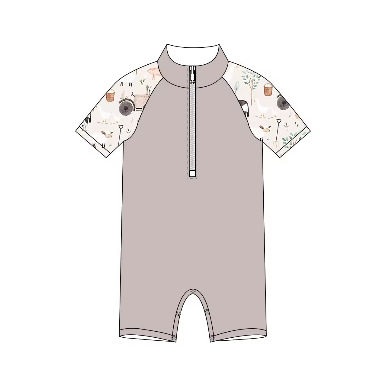 Custom moq 3 eta 6-8weeks Light gray brown Arbor Day boy's zippered short-sleeved romper