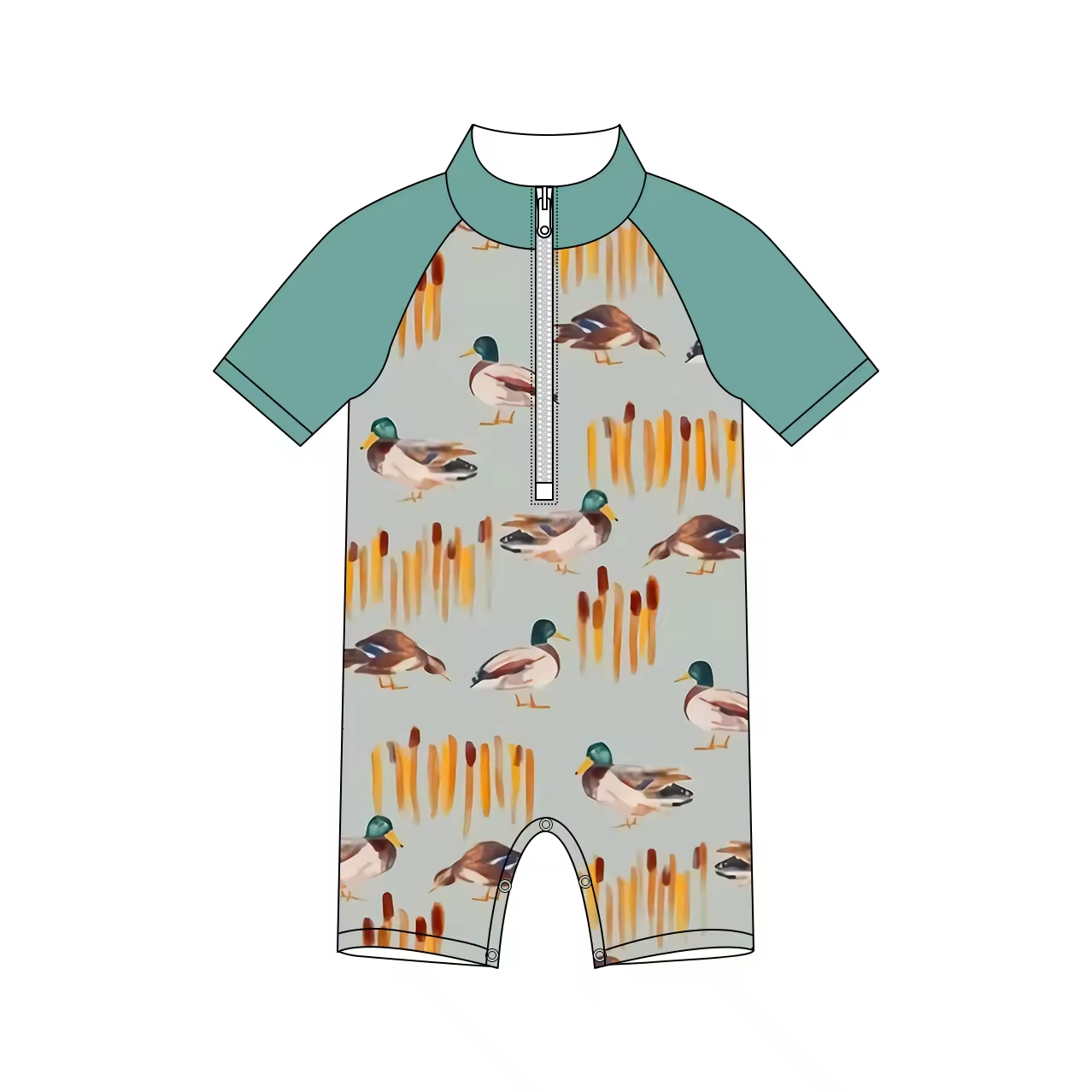 Custom moq 3 eta 6-8weeks Duck Straw Boy Zipper Pullover Gray Green Splicing Short Sleeve Crawling Suit