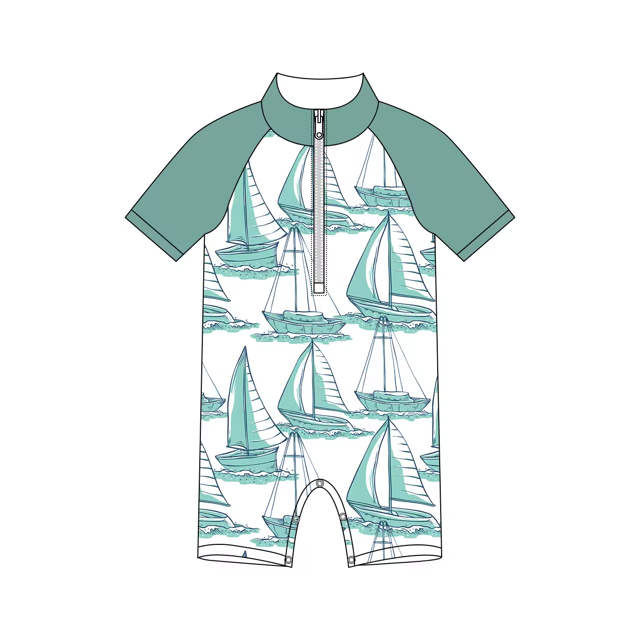 Custom moq 3 eta 6-8weeks Sailing Boys Zipper Pullover Lake Green Short Sleeve White Climbing Suit