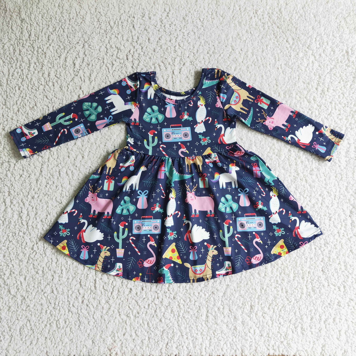 GLD0135 baby christmas clothing long sleeve print kids dresses for girls milk silk