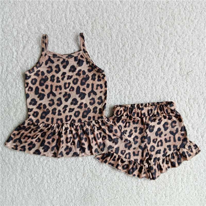 A10-12 Girls Leopard Print Suspender Shorts Two-Piece Set