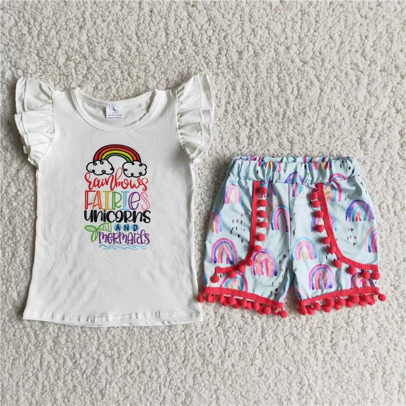 white shirt rainbow pattern short pants set
