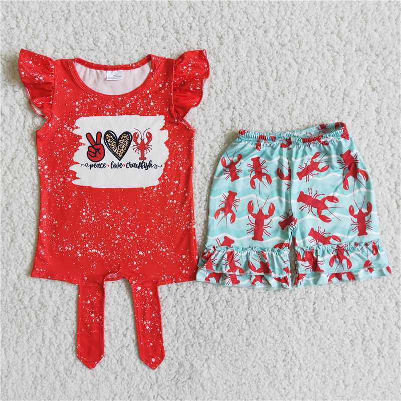 peace love lobster red bleached top short pants set