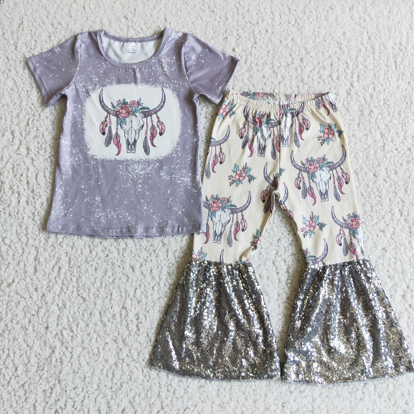 Bull Tau Short Sleeve Top Flared Sequin Pants Set