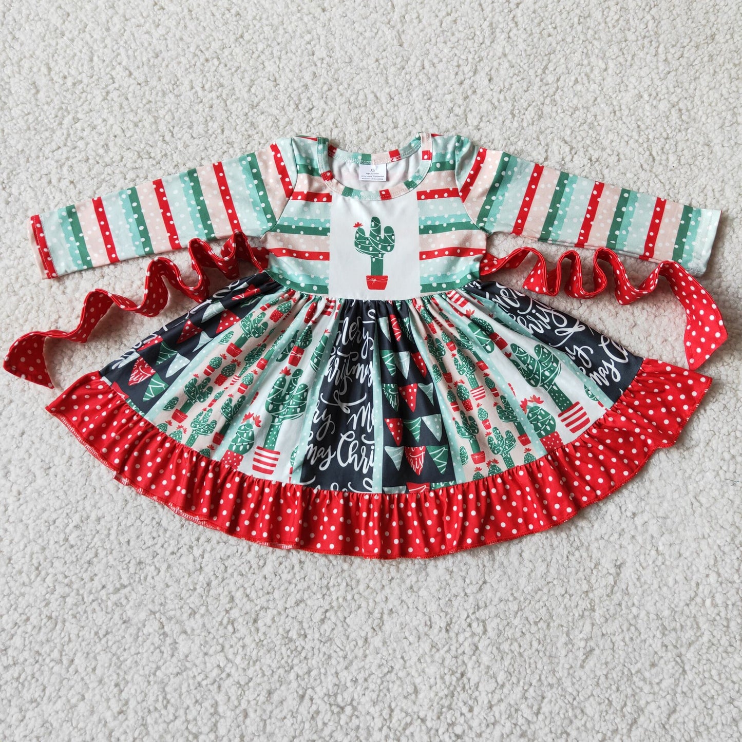 cactus print long sleeve dress big skirt with belt
