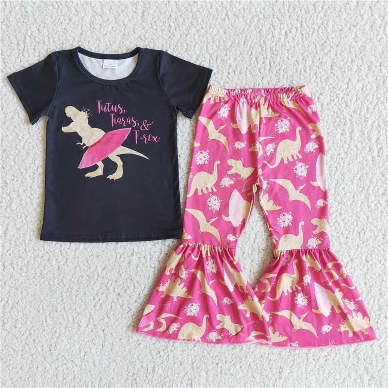 D9-5 Kids Clothing Girls Short Sleeve Top And Long Pants Dinosaur Print