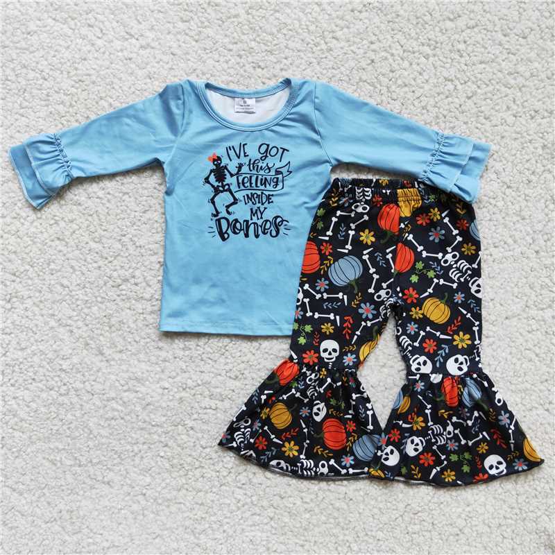 RTS NO MOQ(In Stock)6 A8-26 girls Halloween outfit long sleeve and long pants pumpkin print