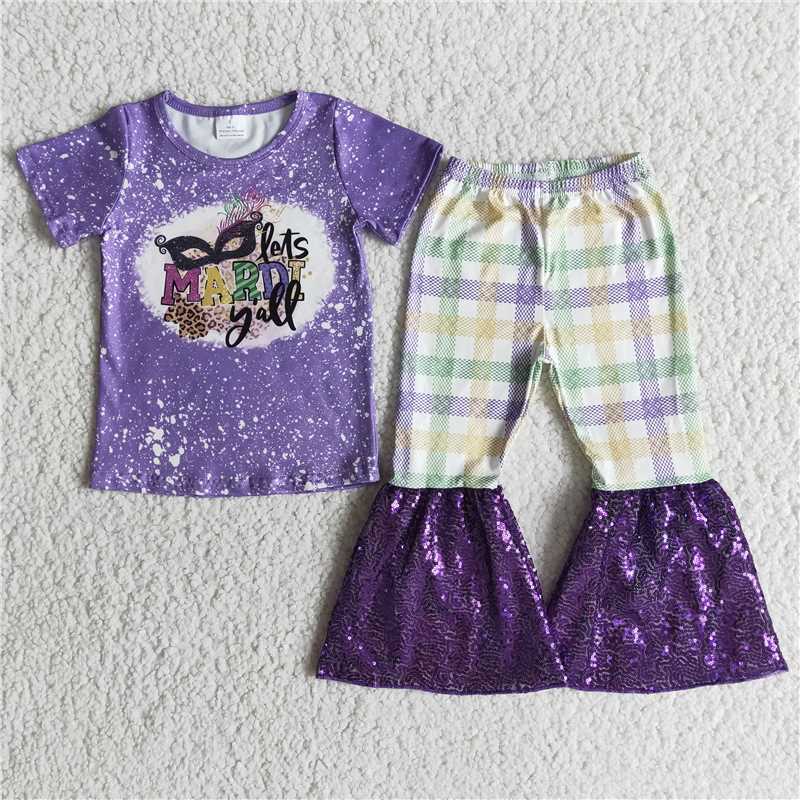 E5-17 MARDI Purple Short Sleeve Plaid Sequined Flared Pants