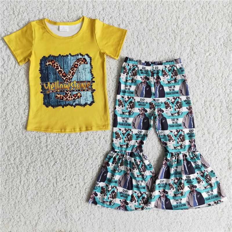 Yello stone yellow short-sleeved flared pants suit