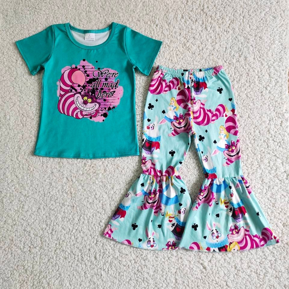 Bee Letters Green Short Sleeve Top Flared Pants Set