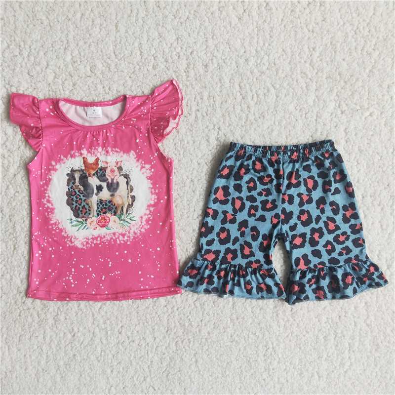 cows pigs chickens print leopard short pants set