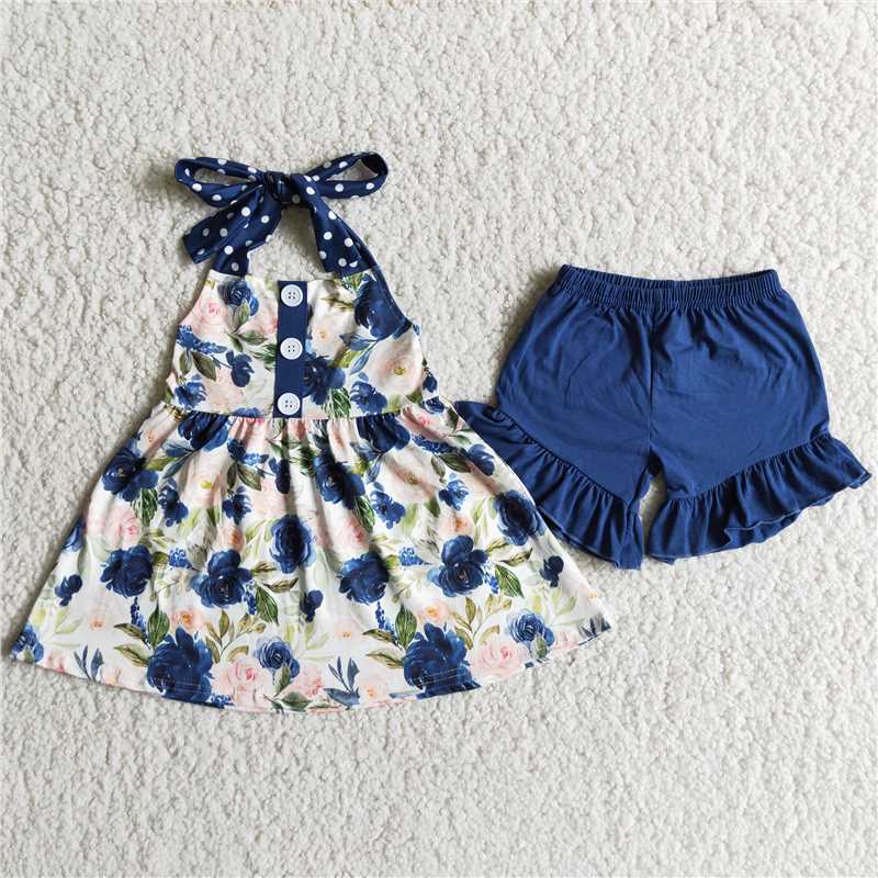 flowers pattern top navy blue short pants set