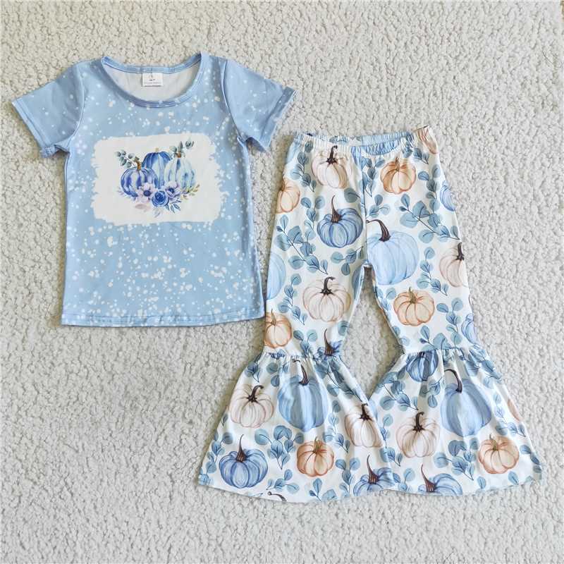 Girls halloween short sleeve long pants set pumpkin print