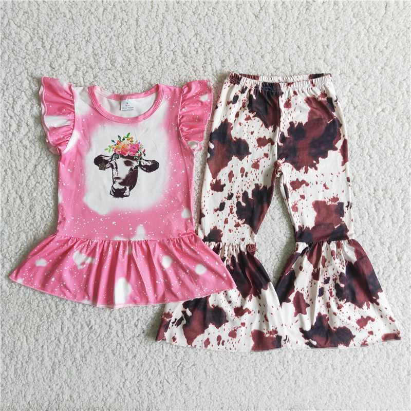 Bull Tau Pink Short Sleeve Top Ink Pattern Flared Pants