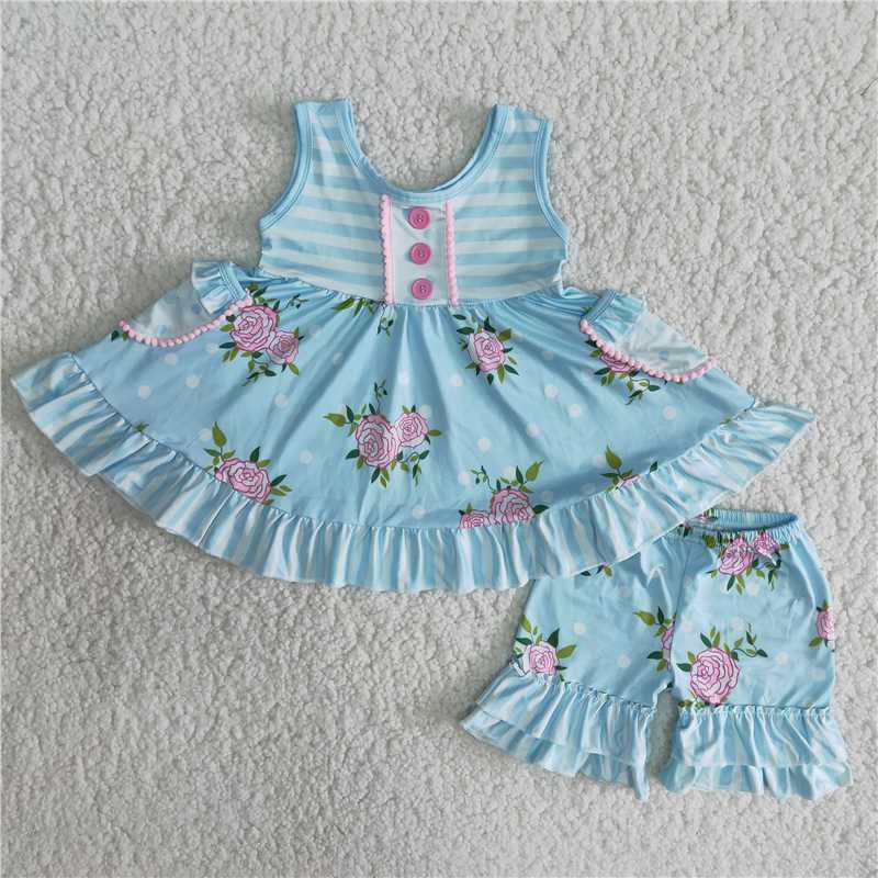 Girls Light Blue Sleeveless Pocket Flower Set