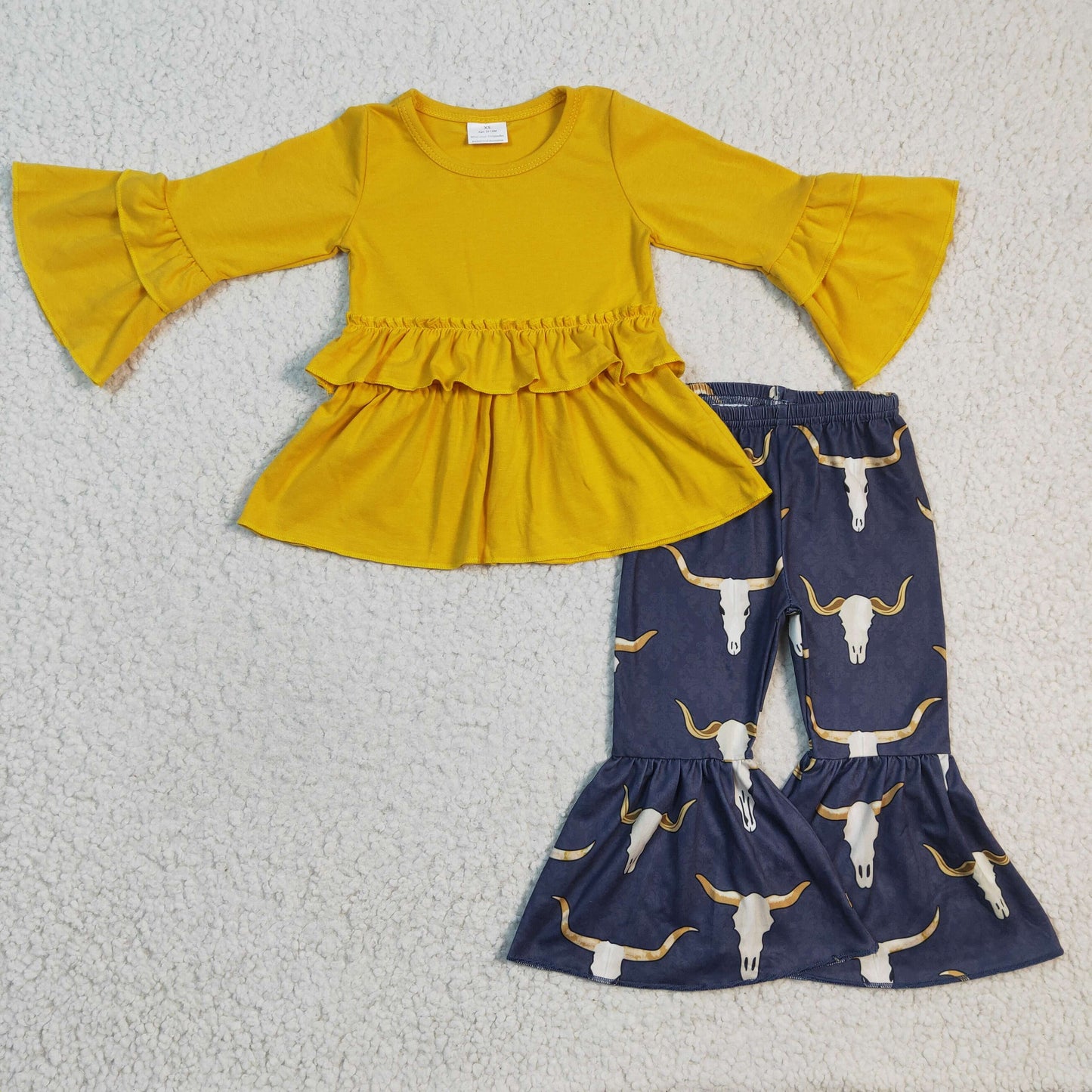 RTS NO MOQ ETA 5/7days Arrived GLP0368 Girls Bull Head Yellow Long Sleeve Trousers Suit