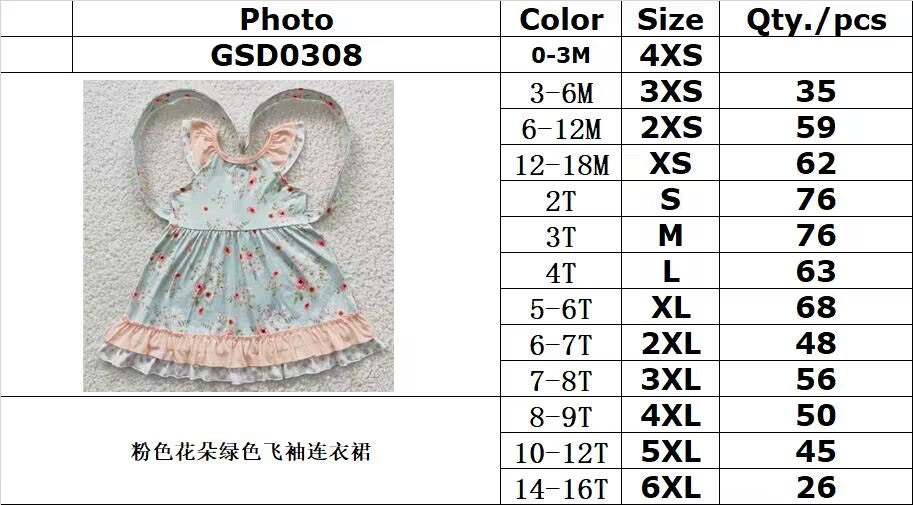 GSD0308 Pink Flower Green Flying Sleeve Dress