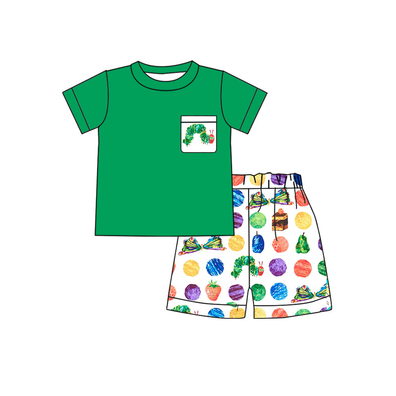 Boys Green Pocket Caterpillar Short Sleeve Shorts Set