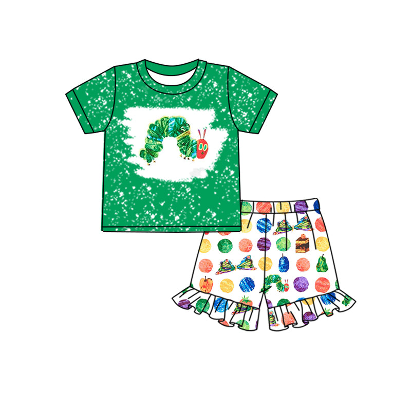 Girls Green Caterpillar Short Sleeve Shorts Suit