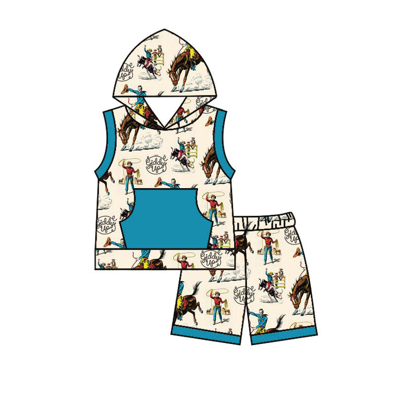 Boys Riding Pocket Sleeveless Hooded Shorts Set