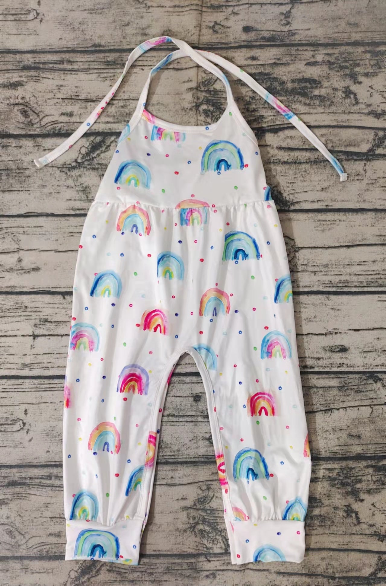 Girl rainbow polka dot lace-up romper