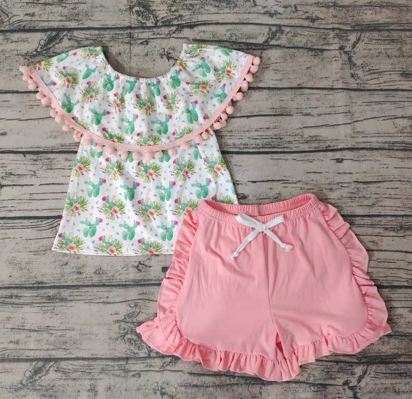 Girls Cactus One Shoulder Pink Bow Shorts Suit