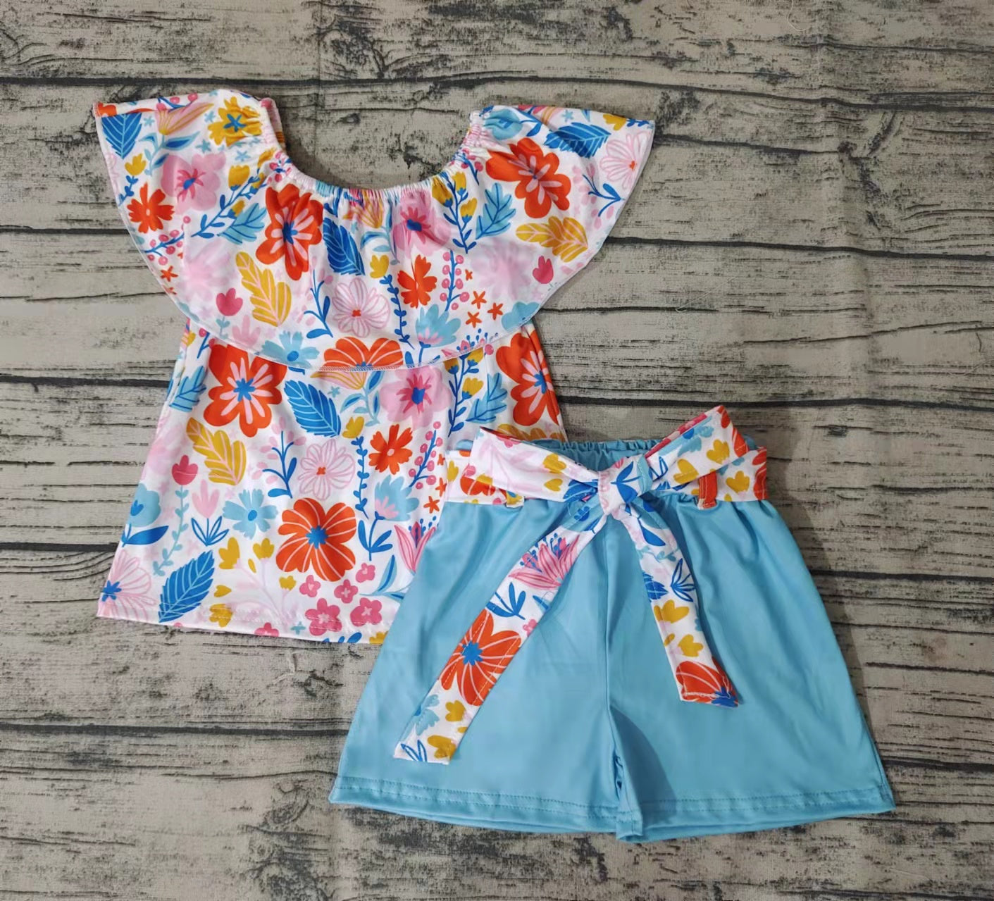 Girls Flower One-Shoulder Bow Bow Blue Shorts Suit