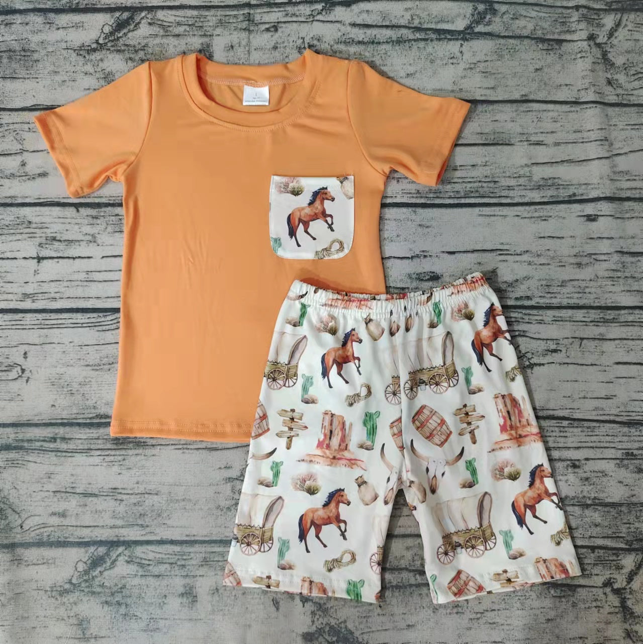 Boys Horse Tau Cactus Pocket Short Sleeve Shorts Set