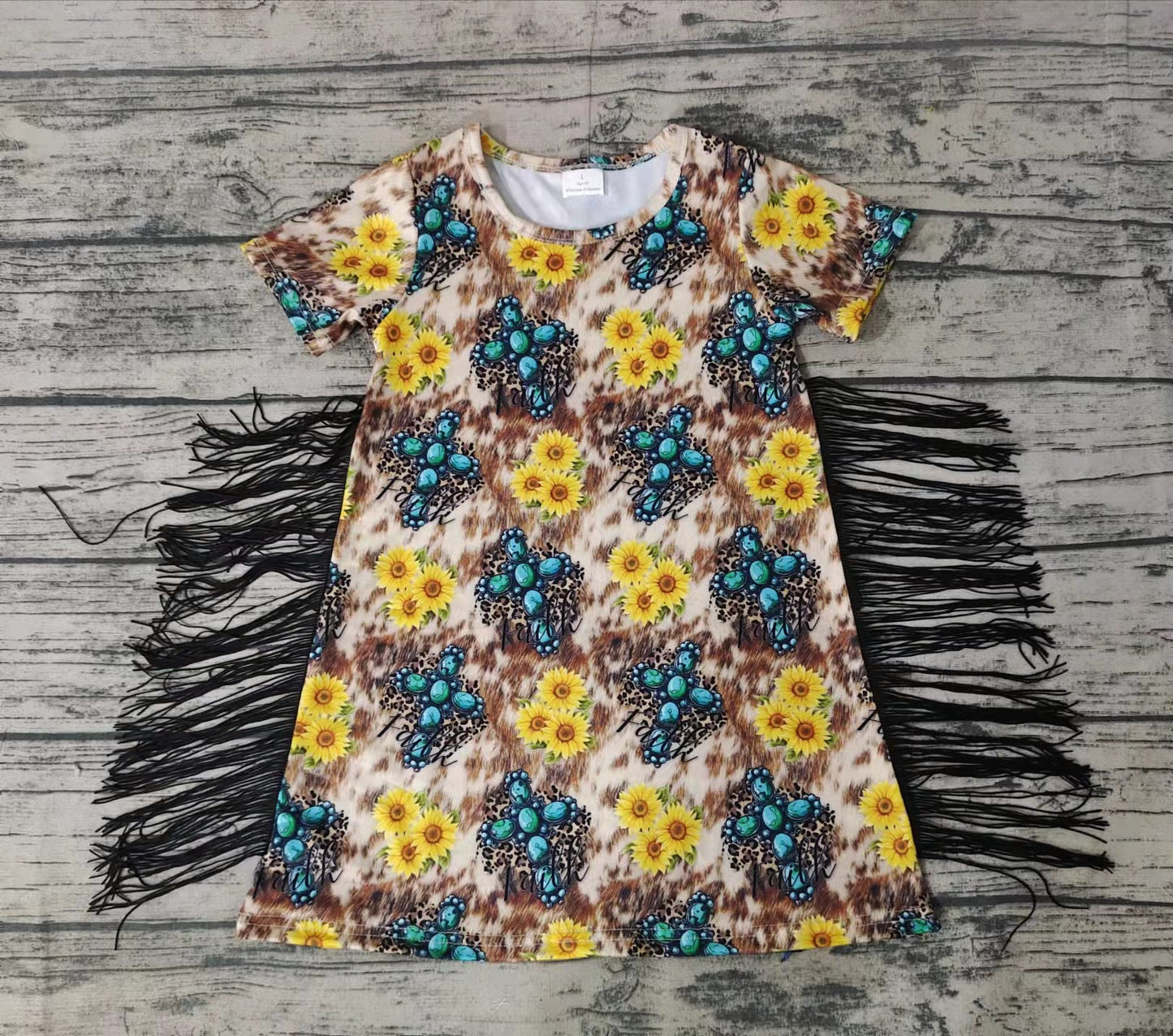 Girls Blue Jewel Sunflower Fringe Short Sleeve Skirt