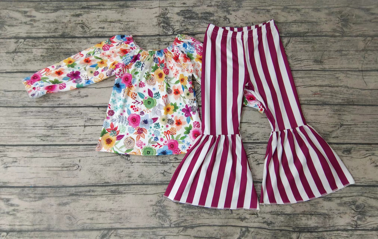Girls Flower Long Sleeve Purple Striped Trousers Suit
