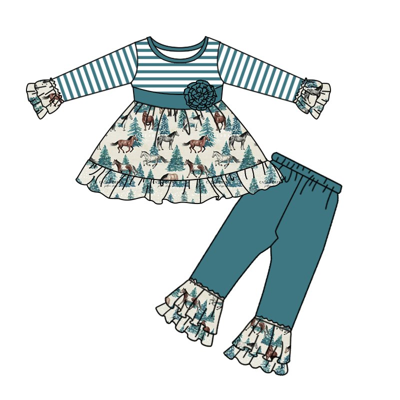 Girls Blue Striped Horse Tree Flower Long Sleeve Trousers Suit