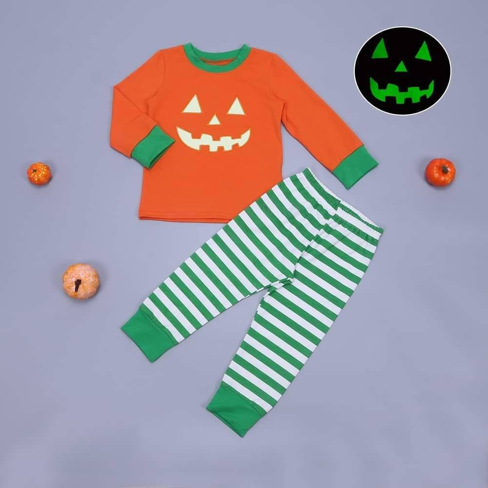 Boys Autumn Pumpkin Long Sleeve Green Striped Trousers Set
