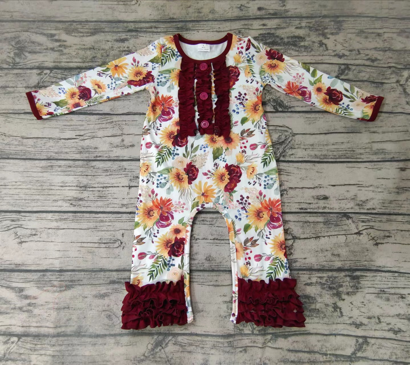 Floral Red Lace Button Long Sleeve Bodysuit Romper