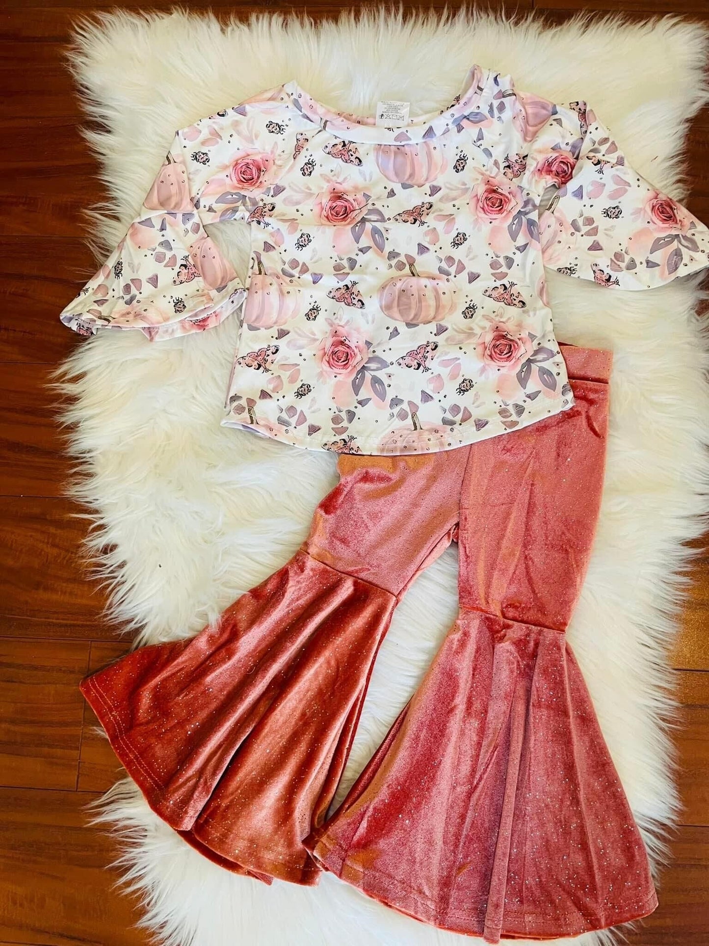 Girls Pink Pumpkin Flower Long Sleeve Gold Velvet Trousers Boutique Set
