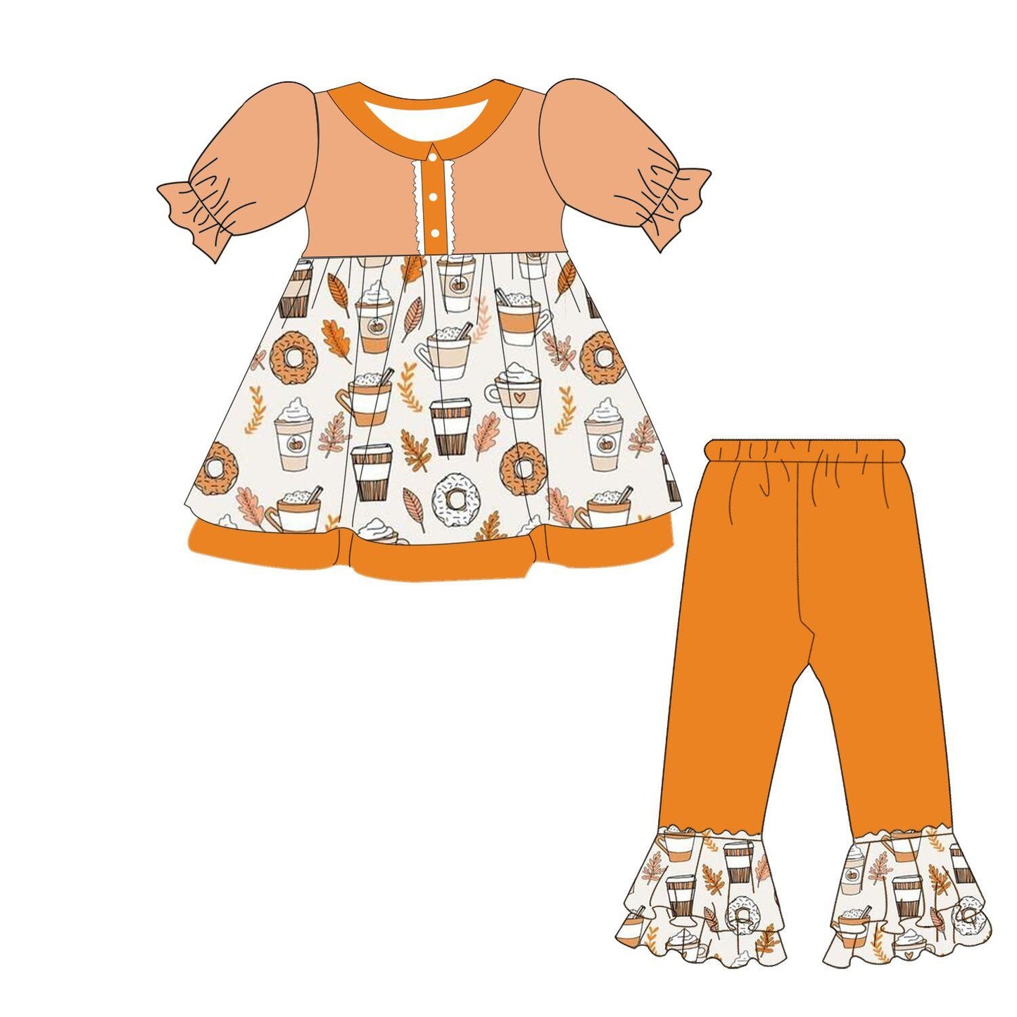 Girls Autumn Pumpkin Starbucks Short Sleeve Pants Set